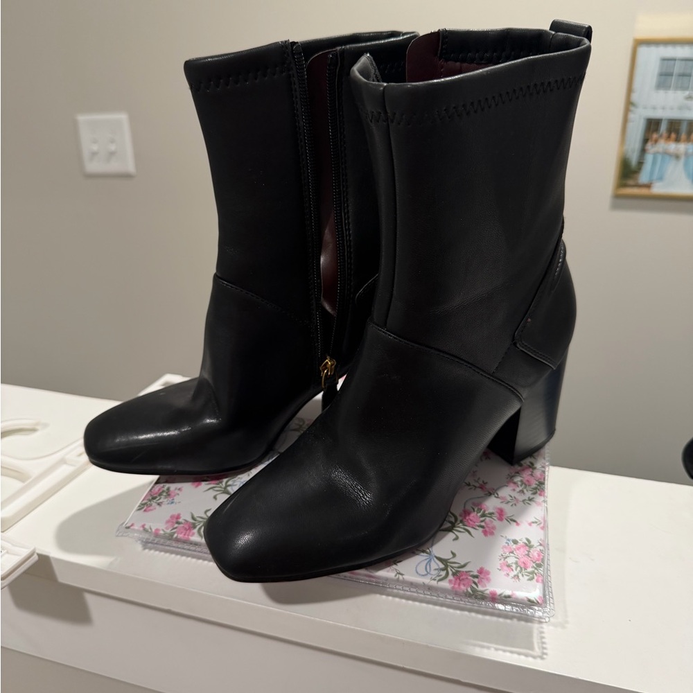 Franco Sarto Black Leather Ankle Booties with Block Heel